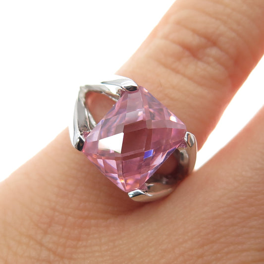 925 Sterling Silver Radiant-Cut Pink C Z Modernist Ring Size 5.25