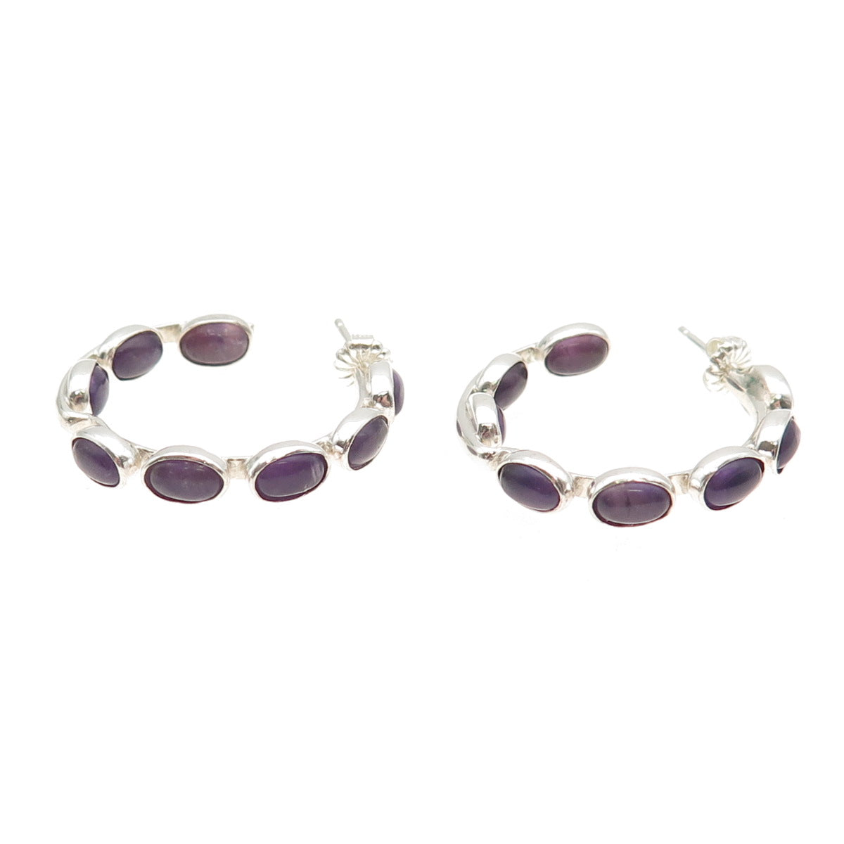 925 Sterling Silver Vintage Real Amethyst In & Out Hoop Earrings