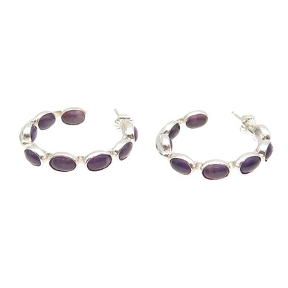 925 Sterling Silver Vintage Real Amethyst In & Out Hoop Earrings