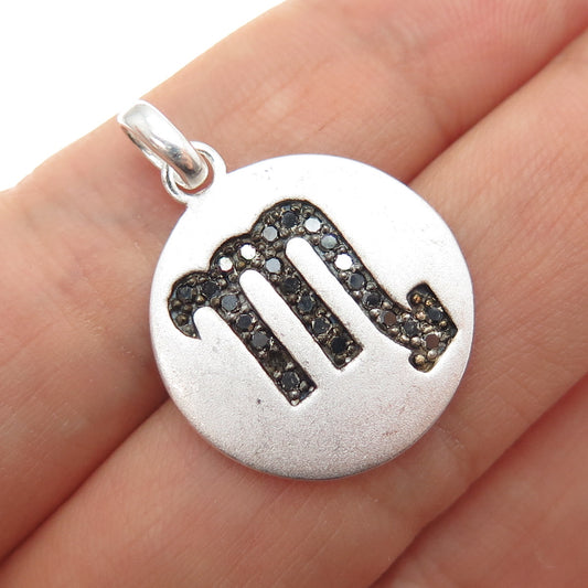 925 Sterling Silver Real Round-Cut Black Diamond Scorpio Zodiac Charm Pendant