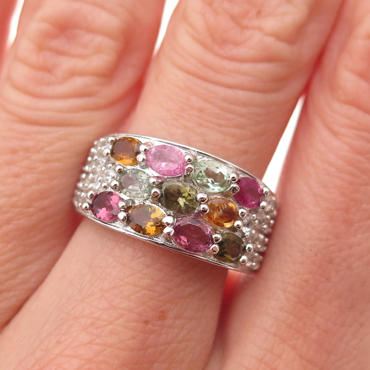 925 Sterling Silver Real Multi-Color Tourmaline & White Topaz Ring Size 7.25