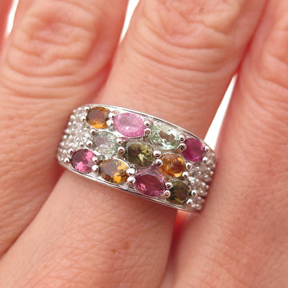 925 Sterling Silver Real Multi-Color Tourmaline & White Topaz Ring Size 7.25