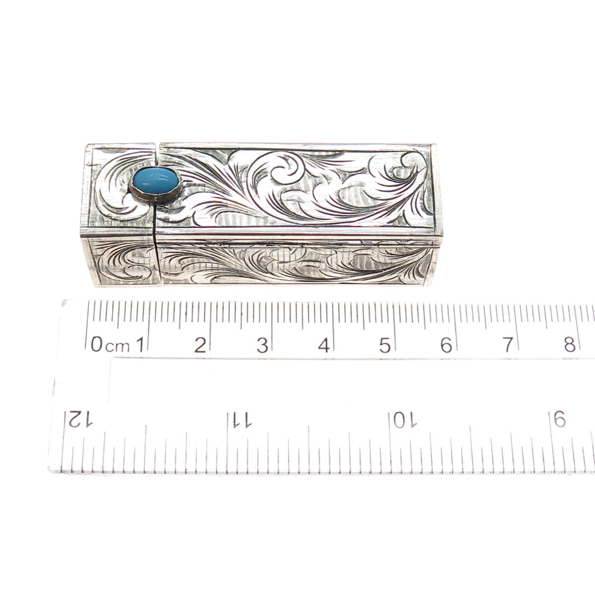 800 Silver Antique Art Deco Real Turquoise Engraved Tube Slide Lipstick Case