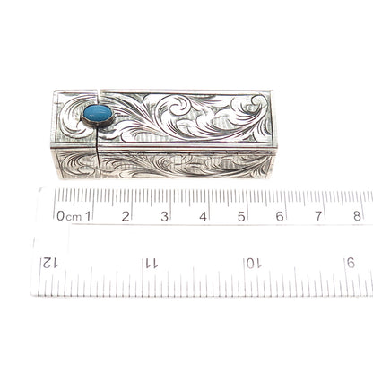 800 Silver Antique Art Deco Real Turquoise Engraved Tube Slide Lipstick Case