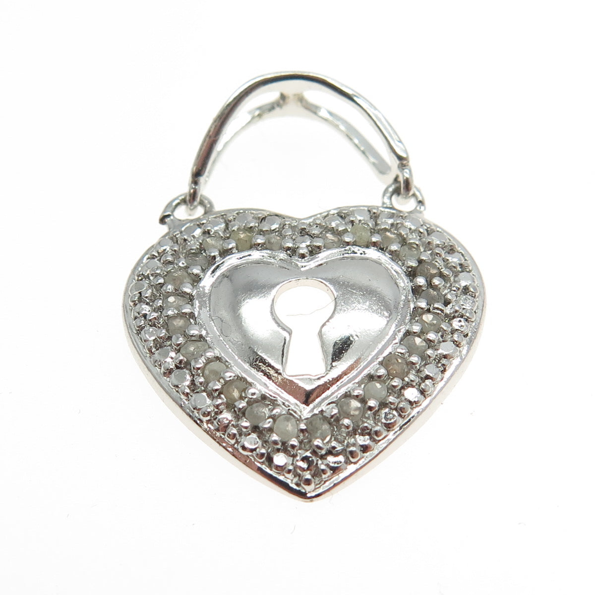 925 Sterling Silver Real Round-Cut White Diamond Heart Lock Pendant