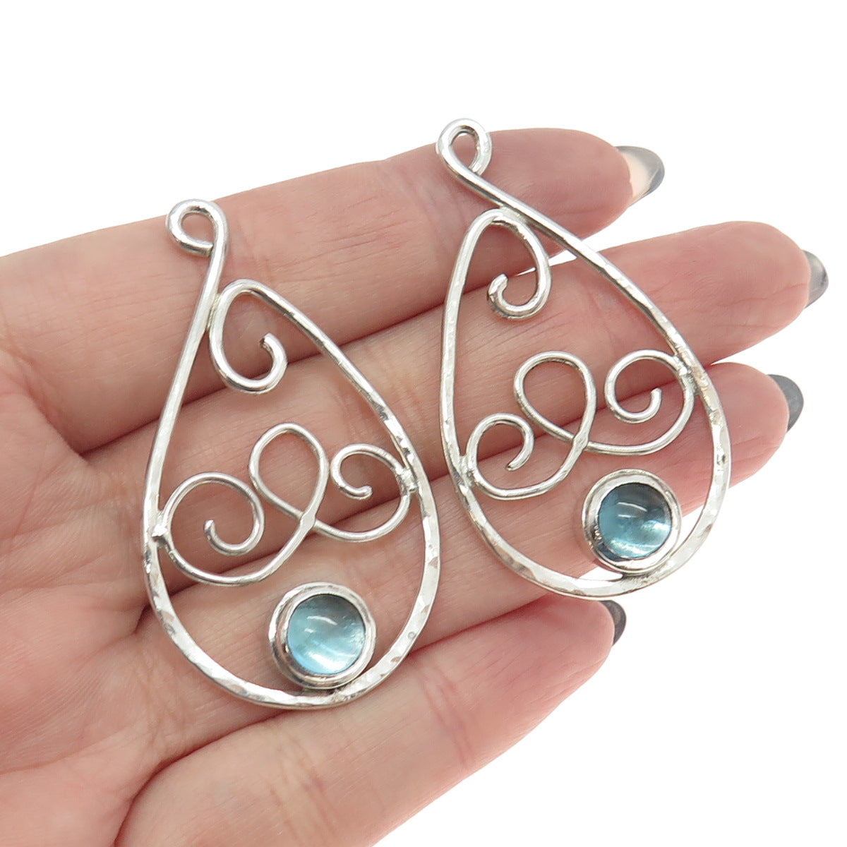 925 Sterling Silver Vintage Real Blue Tourmaline Ornate Jacket Earrings