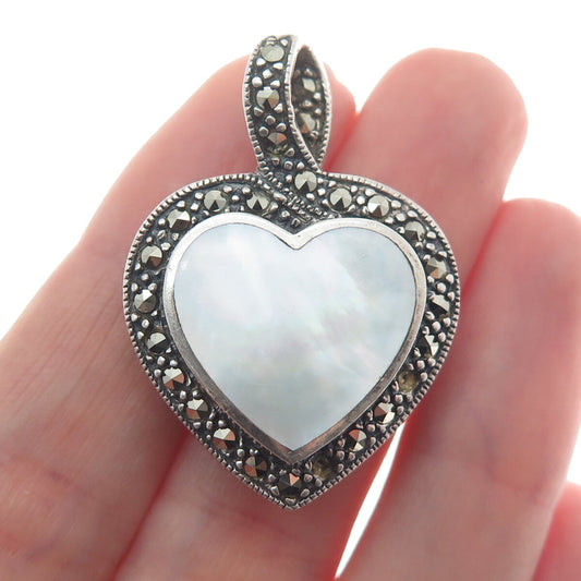 925 Sterling Silver Vintage Real MOP & Marcasite Heart Dual Sided Pendant