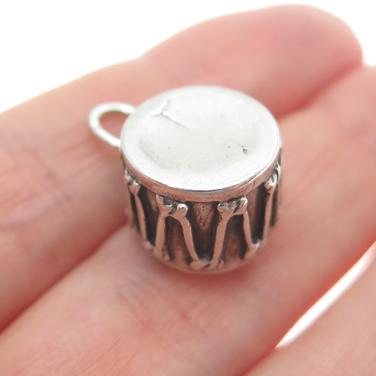 925 Sterling Silver Vintage Drum Oxidized Minimalist 3D Charm Pendant