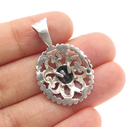 JEZLAINE 925 Sterling Silver Vintage Real Black Spinel Ornate Pendant