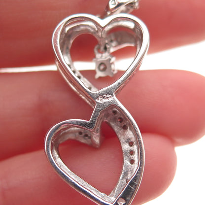 925 Sterling Silver Real Diamond Couple Heart Cable Chain Necklace 18"