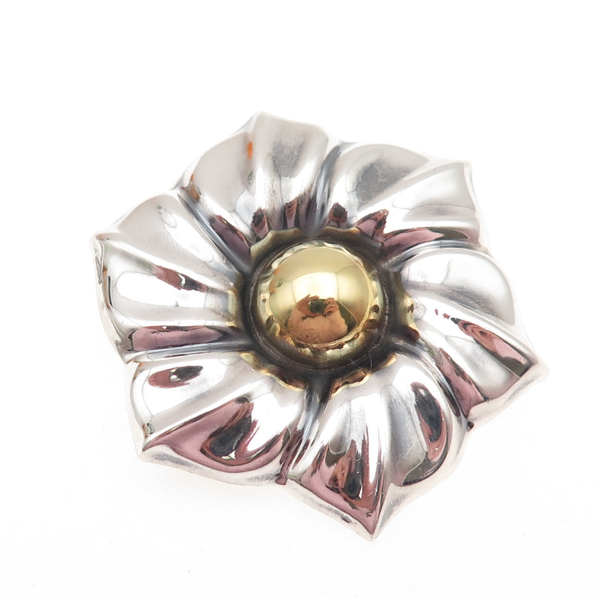 LATON 925 Sterling 2-Tone Vintage Mexico Modernist Flower Pin Brooch / Pendant
