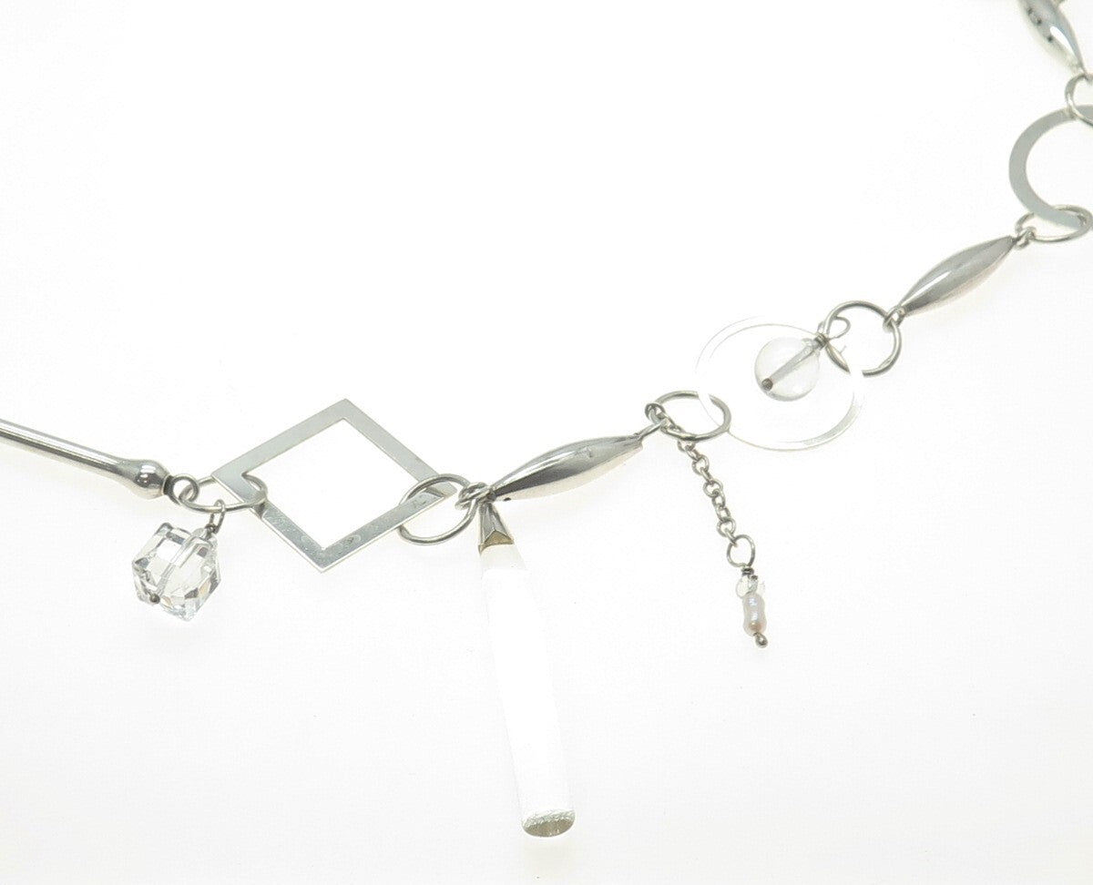 D.L. RIDGE 925 Sterling Silver Vintage Clear Glass Modernist Chain Necklace 40"