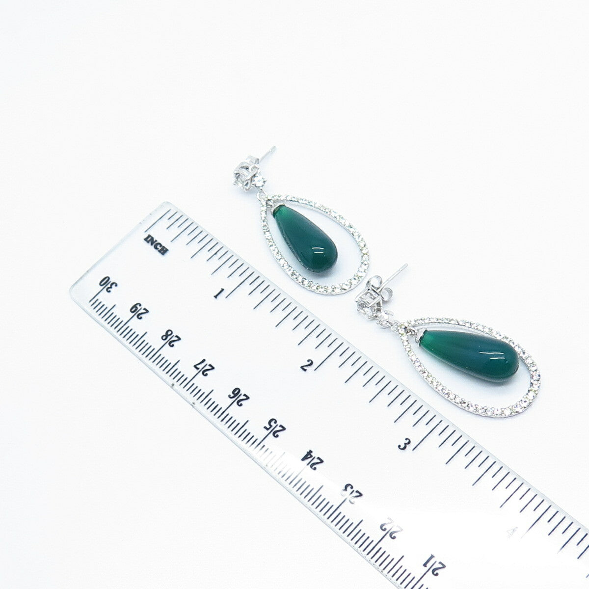 925 Sterling Silver Green Onyx Imitation & C Z Dangling Earrings