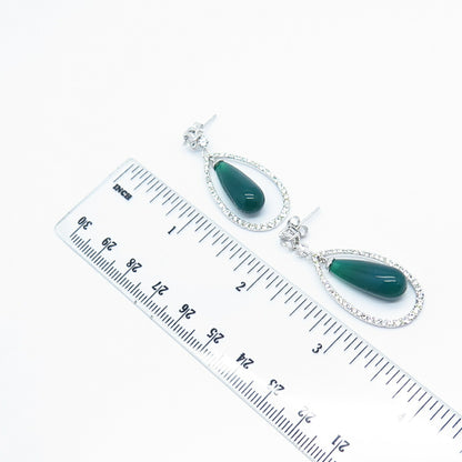 925 Sterling Silver Green Onyx Imitation & C Z Dangling Earrings