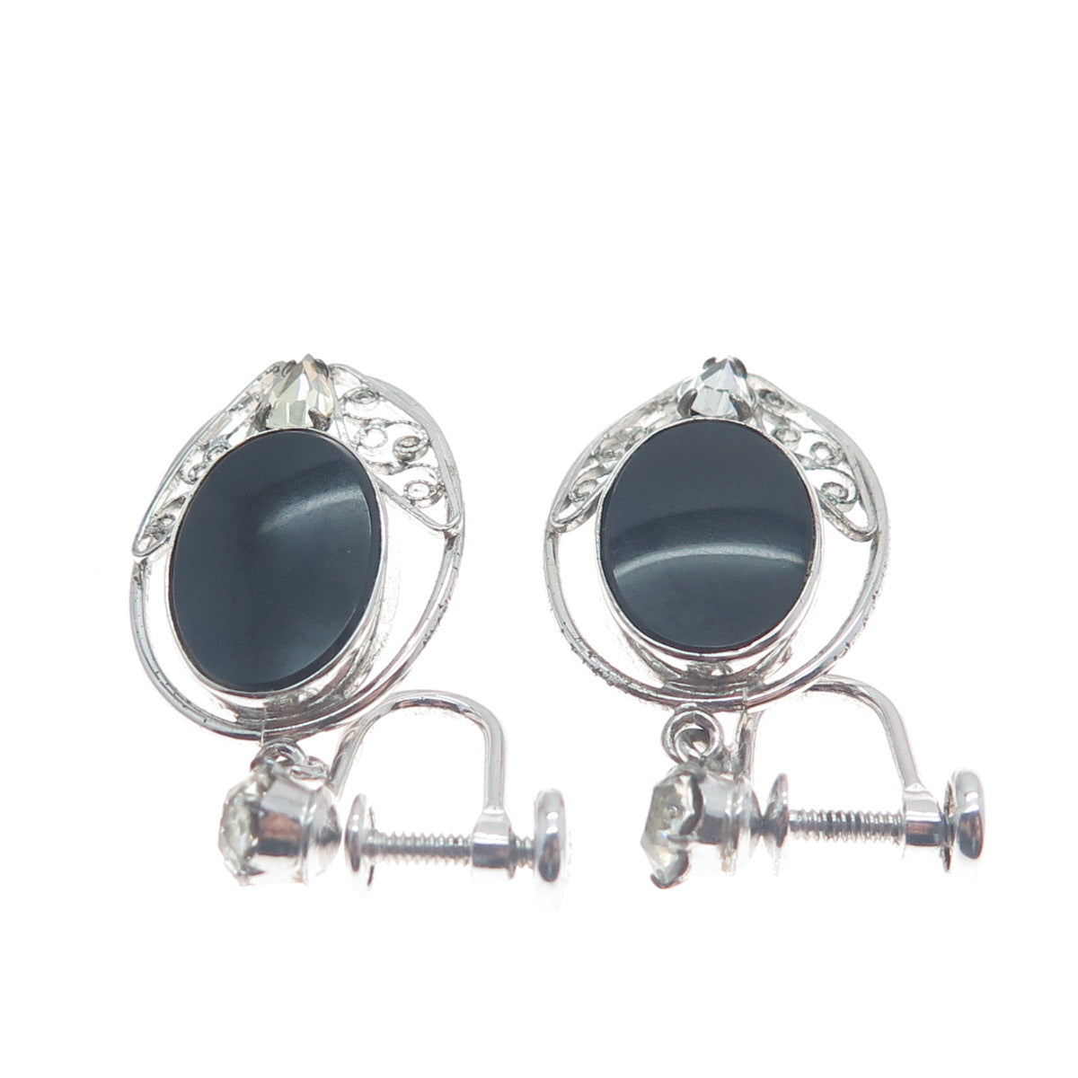 CARL ART 925 Sterling Silver Antique Rhinestone & Black Onyx Screw Back Earrings
