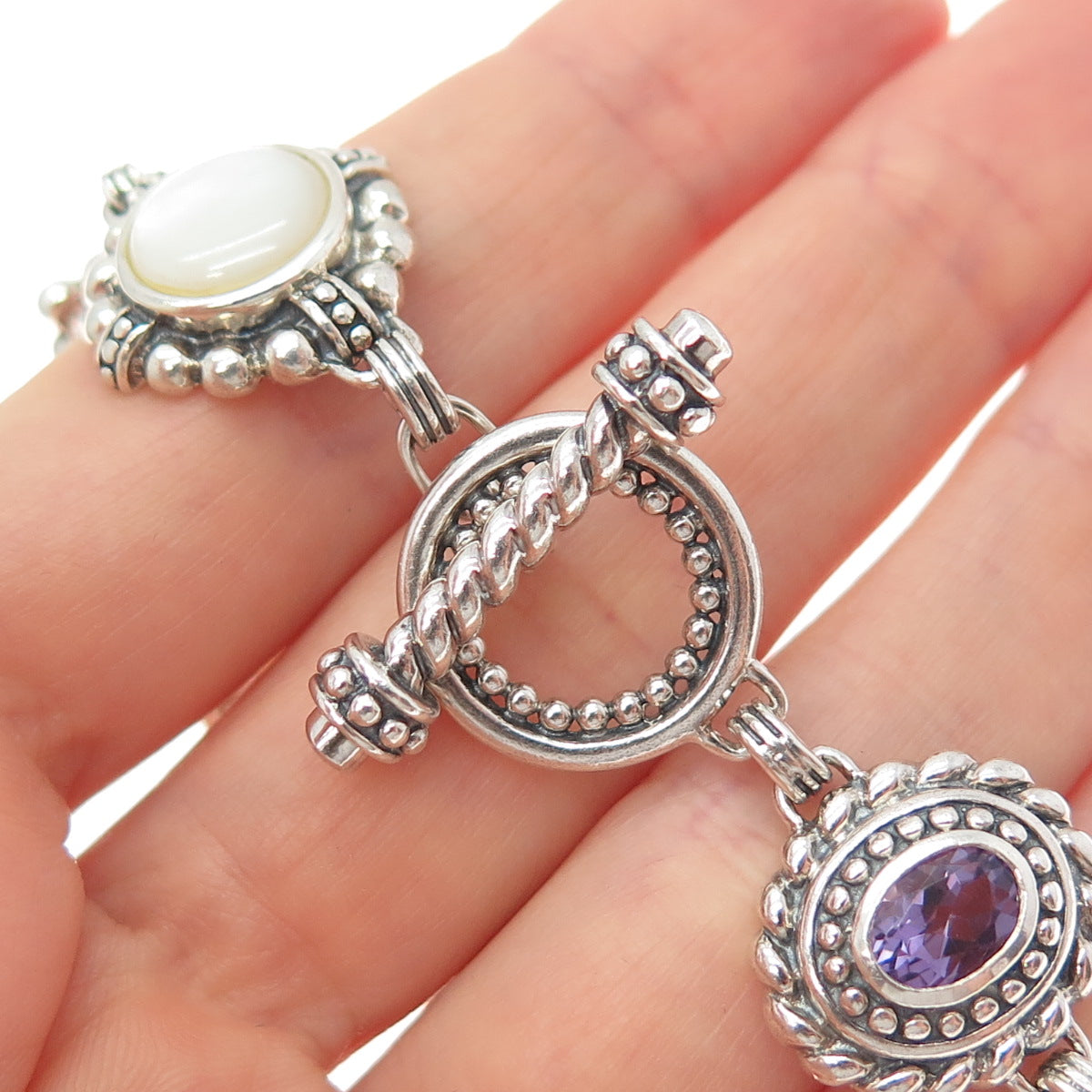 925 Sterling Silver Vintage Real Blue Topaz Amethyst & MOP Bracelet 7.5"