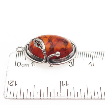 925 Sterling Silver Vintage Real Amber Modernist Filigree Floral Charm Pendant