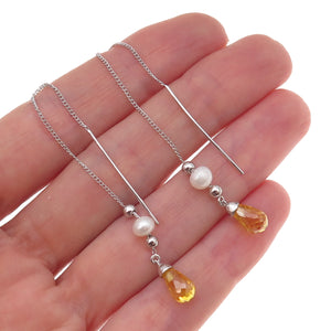 925 Sterling Silver Vintage Real Pearl & Citrine Chain Drop Dangle Earrings