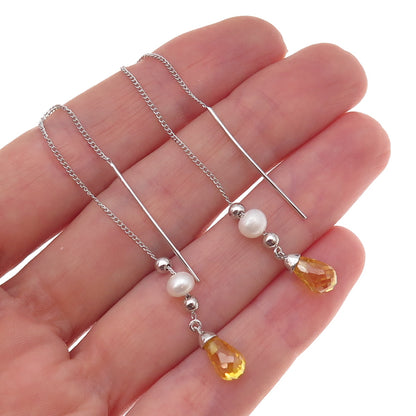925 Sterling Silver Vintage Real Pearl & Citrine Chain Drop Dangle Earrings