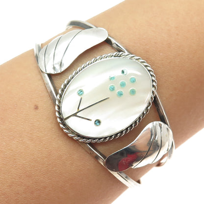 Old Pawn 925 Sterling Vintage MOP & Turquoise Floral Adjustable Bracelet 6"