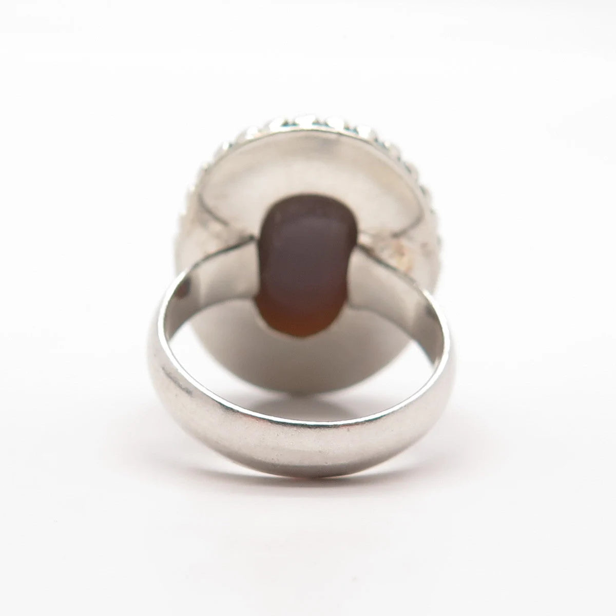 925 Sterling Silver Vintage Real Agate Gem Beaded Oval Ring Size 8.25