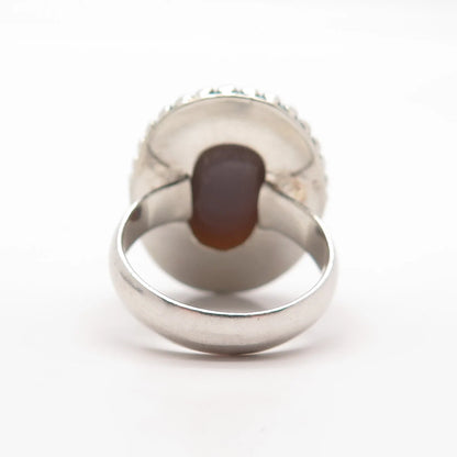 925 Sterling Silver Vintage Real Agate Gem Beaded Oval Ring Size 8.25