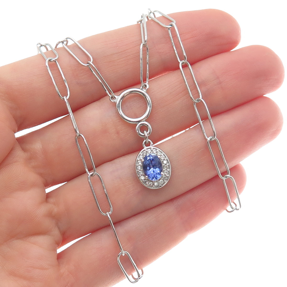 925 Sterling Silver Vintage Real Tanzanite Topaz Paperclip Chain Necklace 18-20"