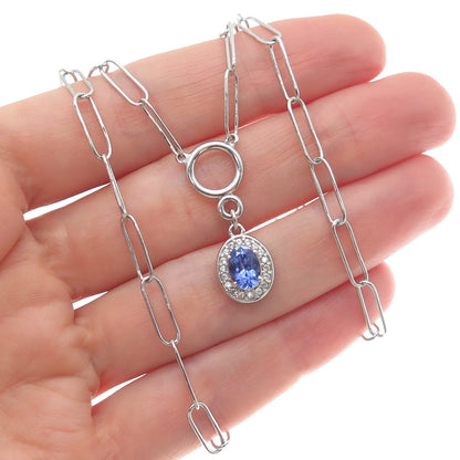 925 Sterling Silver Vintage Real Tanzanite Topaz Paperclip Chain Necklace 18-20"