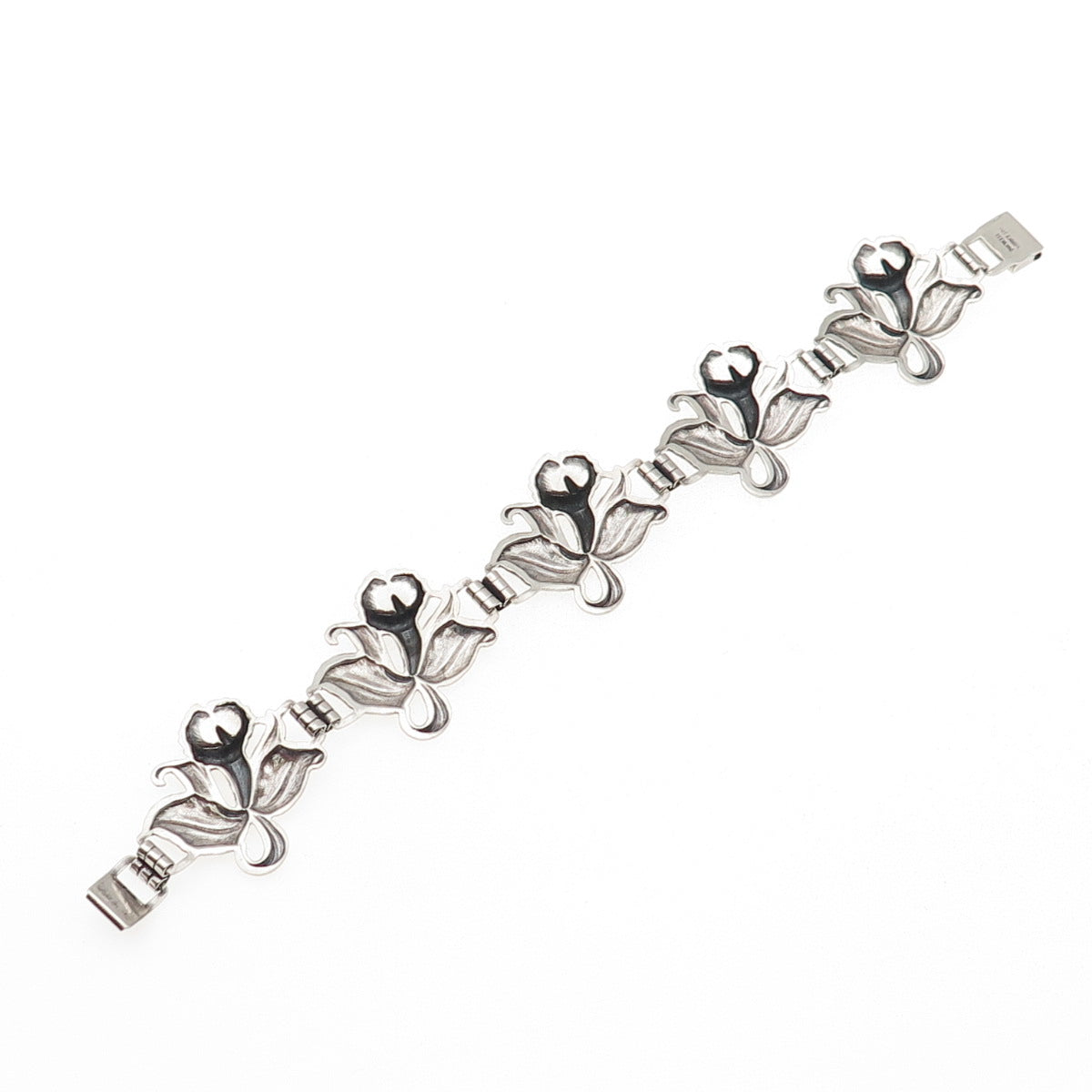 925 Sterling Silver Antique Art Deco Trumpet Flower Bracelet 7.5" Pat. 236854