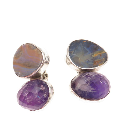 Rebecca Collins 925 Sterling Silver Vintage Real Opal Amethyst Clip On Earrings