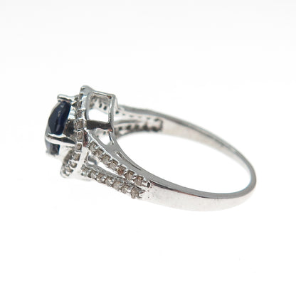 925 Sterling Silver Real Round-Cut Diamond Sapphire Hook & Eye Ring Size 7.75