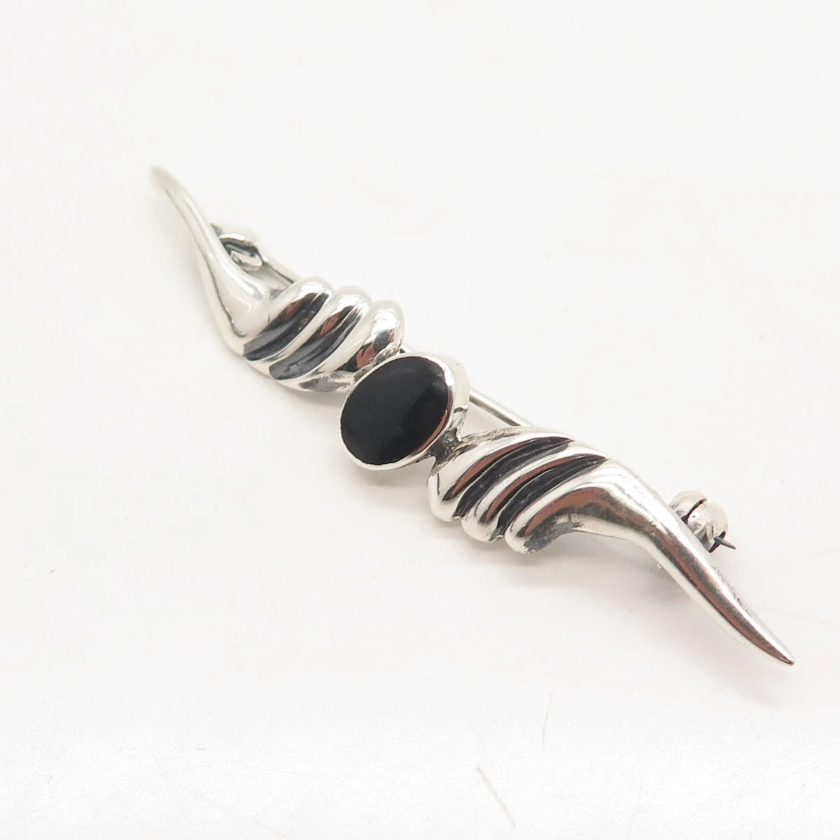 925 Sterling Silver Vintage Real Black Onyx Gemstone Ribbed Pin Brooch