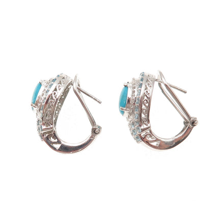 Chuck Clemency 925 Sterling Real Turquoise Blue White Topaz Omega Back Earrings
