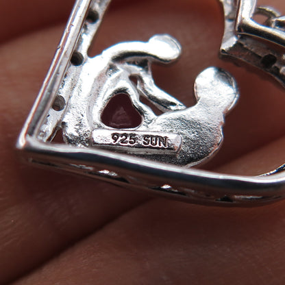 SUN Sterling Silver Real Diamond Pink Sapphire Mom & Child Heart Charm Pendant