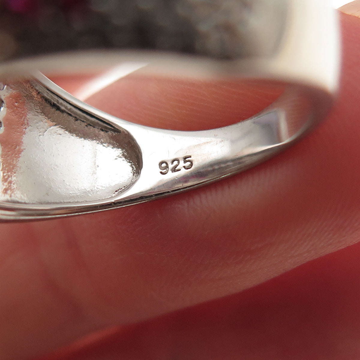 925 Sterling Silver Black Rhodium Lab-Created Ruby & C Z Floral Ring Size 6.75