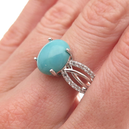 925 Sterling Silver Real Sleeping Beauty Turquoise & White Topaz Ring Size 8.25