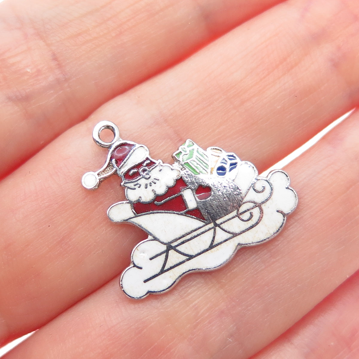 FRENCH & FRANKLIN 925 Sterling Vintage Enamel Santa Claus Sleigh Mini Pendant