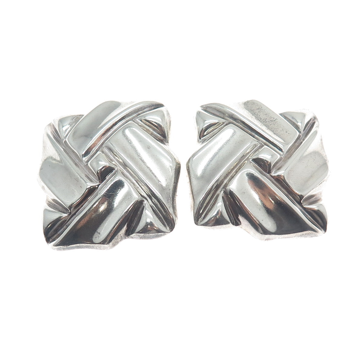 925 Sterling Silver Vintage Mexico Modernist Square Knot Clip On Earrings