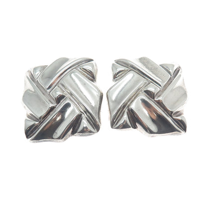 925 Sterling Silver Vintage Mexico Modernist Square Knot Clip On Earrings
