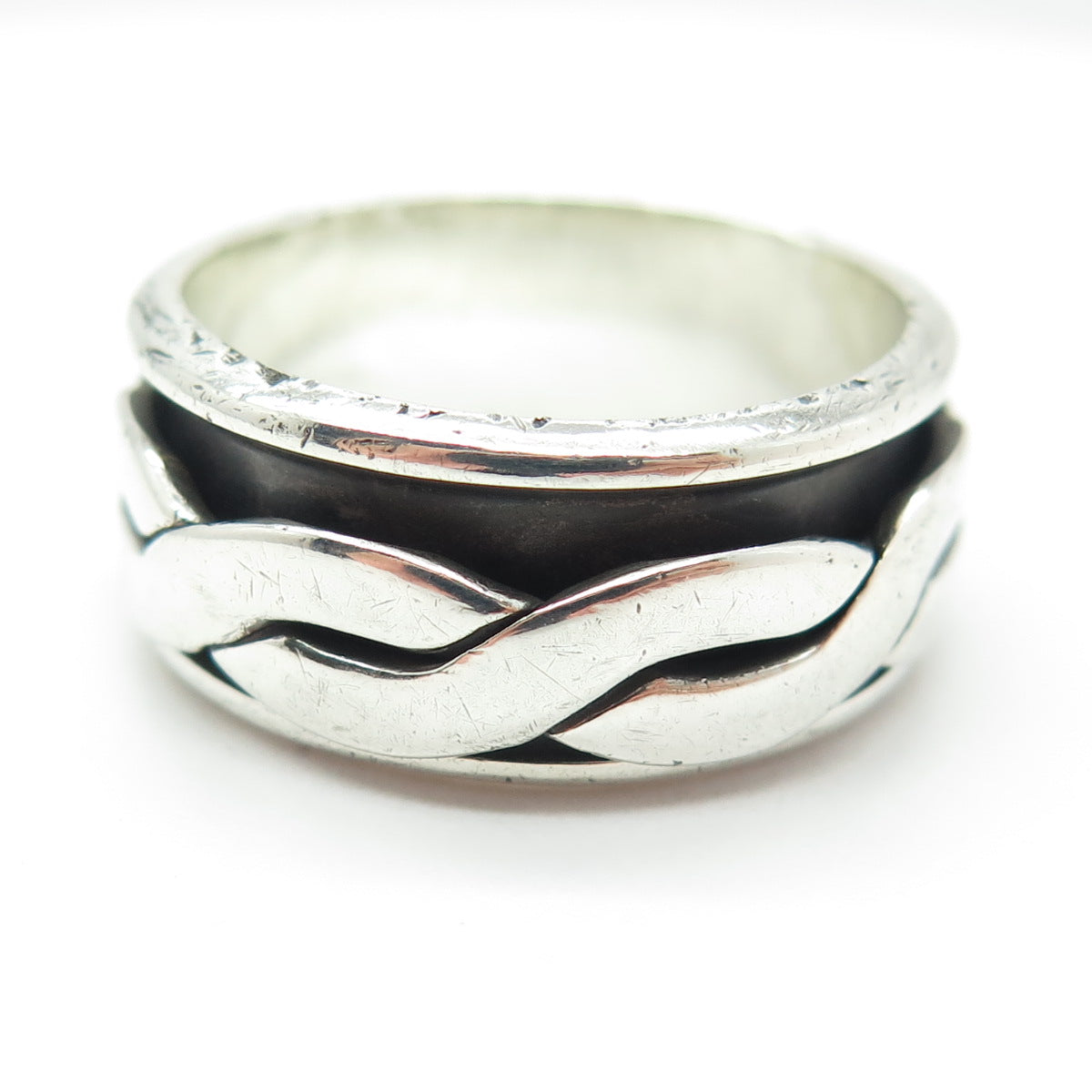 925 Sterling Silver Vintage Mexico Braided Rotating Band Oxidized Ring Size 10.5