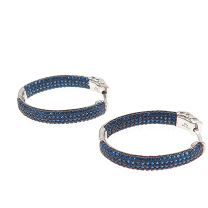 925 Sterling Silver Round-Cut Blue C Z In & Out Hoop Earrings