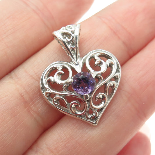 KABANA 925 Sterling Silver Vintage Real Amethyst Gemstone Heart Ornate Pendant