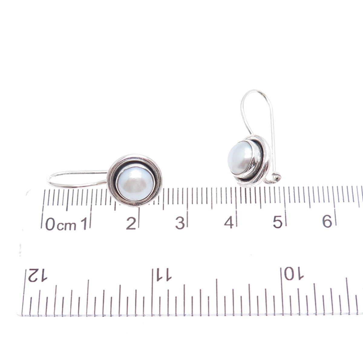 925 Sterling Silver Vintage Real Pearl Modernist Oxidized Drop Earrings