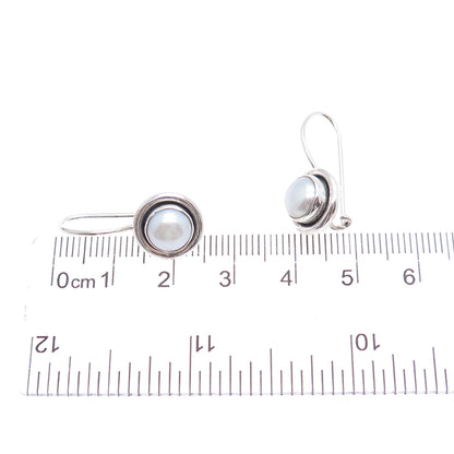 925 Sterling Silver Vintage Real Pearl Modernist Oxidized Drop Earrings