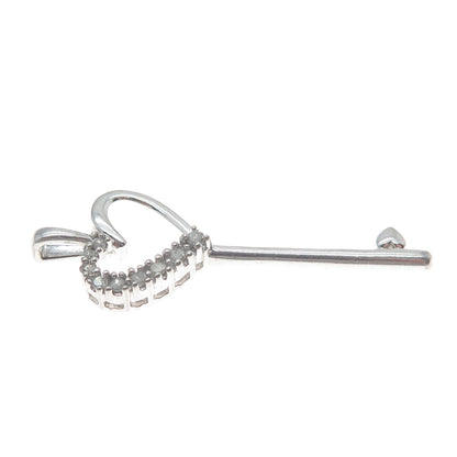 925 Sterling Silver Real Round-Cut Diamond Heart Key Charm Pendant