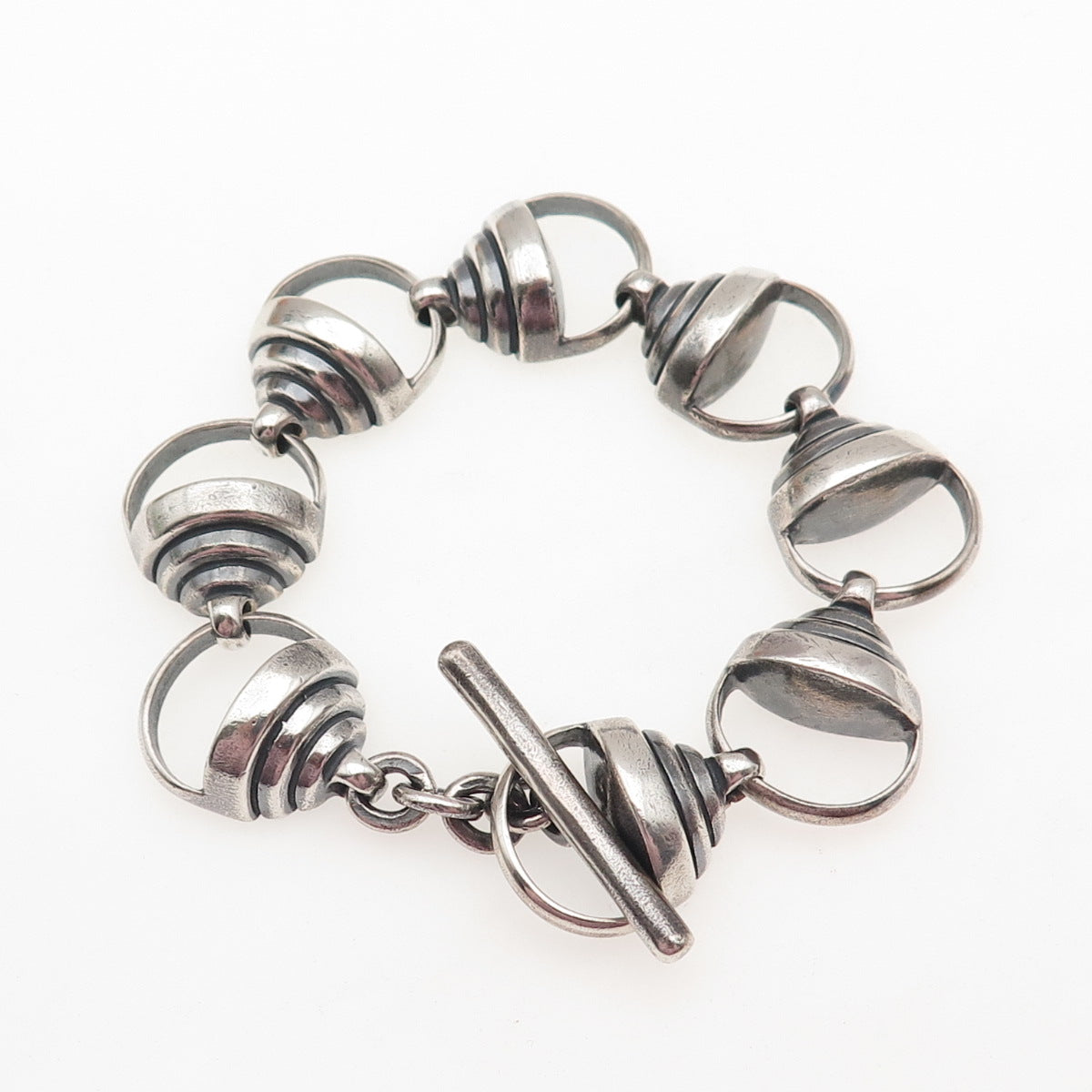 925 Sterling Silver Vintage Heavy 63.6g Modernist Link Oxidized Bracelet 6.5"