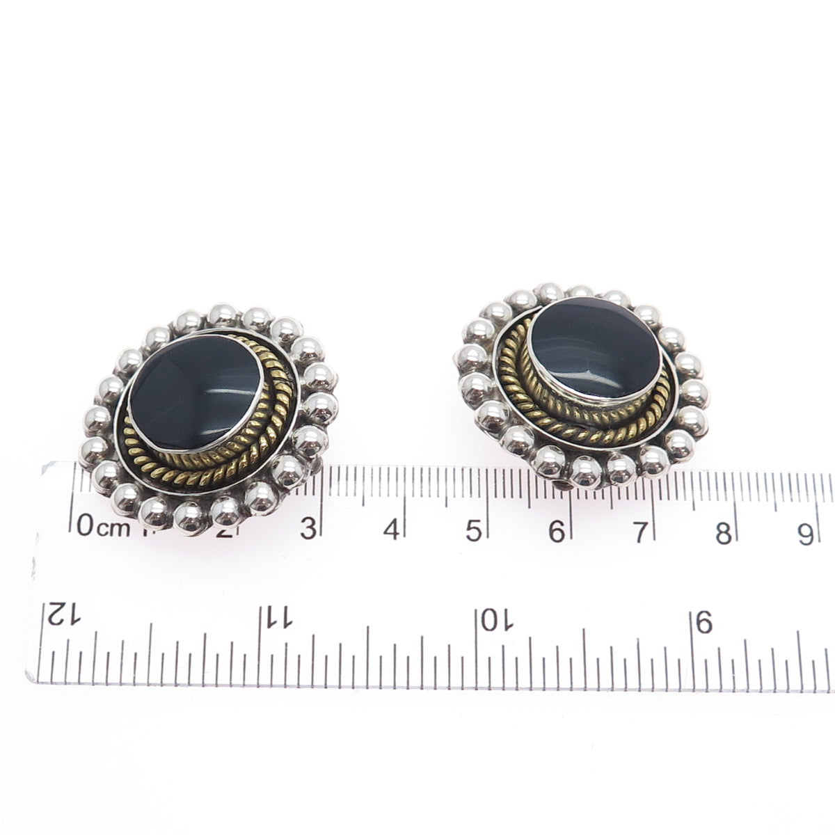 925 Sterling 2-Tone Vintage Mexico Black Onyx Beaded Oxidized Clip On Earrings