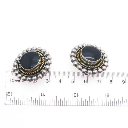 925 Sterling 2-Tone Vintage Mexico Black Onyx Beaded Oxidized Clip On Earrings