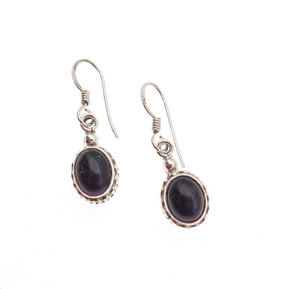 925 Sterling Silver Vintage Real Amethyst Wavy Oxidized Dangle Earrings