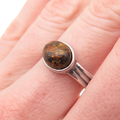 925 Sterling Silver Vintage Real Amber Oxidized Ring Size 8